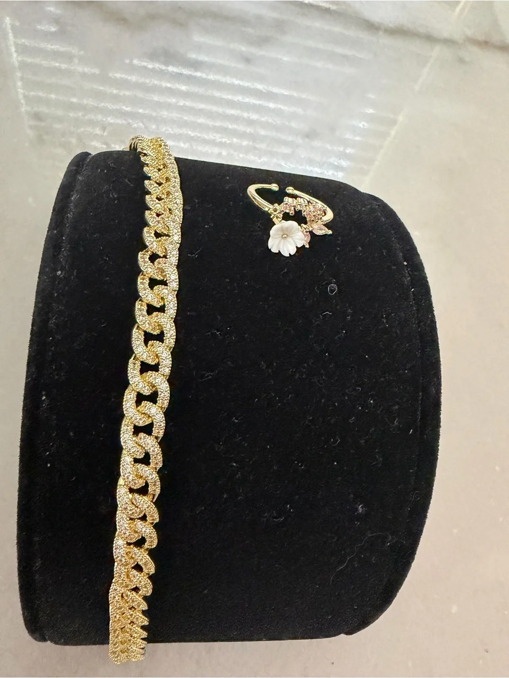 Gold Chain Bracelet with Floral Accent Ring - Women Jewelry